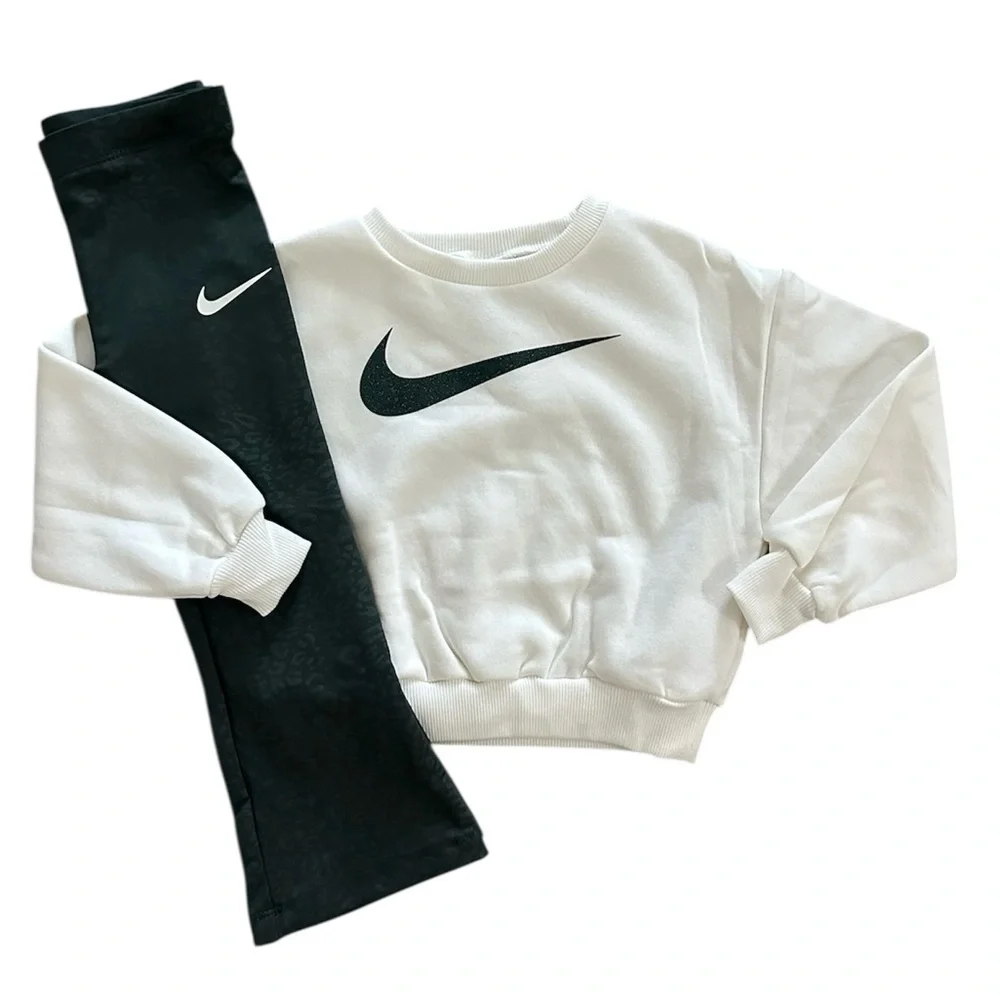 Nike Ivory Crewneck Sweatshirt & Green Leopard Flare Pants Set Girls Size 3T NWT
